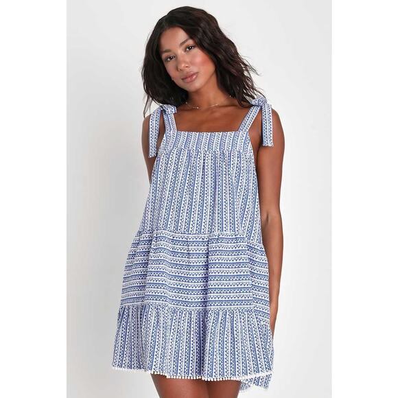 NWT Lulus Chic in Santorini Blue & White Tie-Strap Dress With Pockets Swing Sz S - Picture 1 of 7